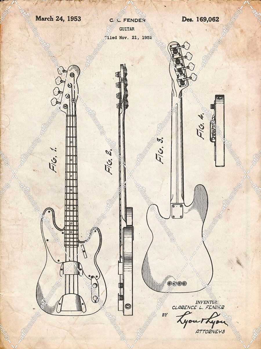 PP8-Vintage Parchment Fender Precision Bass Guitar Patent Poster