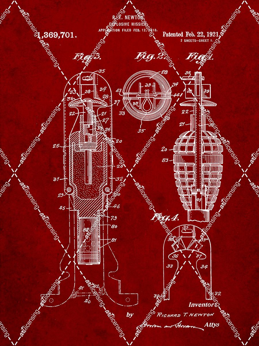 PP12-Burgundy Explosive Missile Patent Poster
