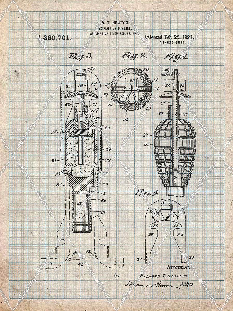 PP12-Antique Grid Parchment Explosive Missile Patent Poster