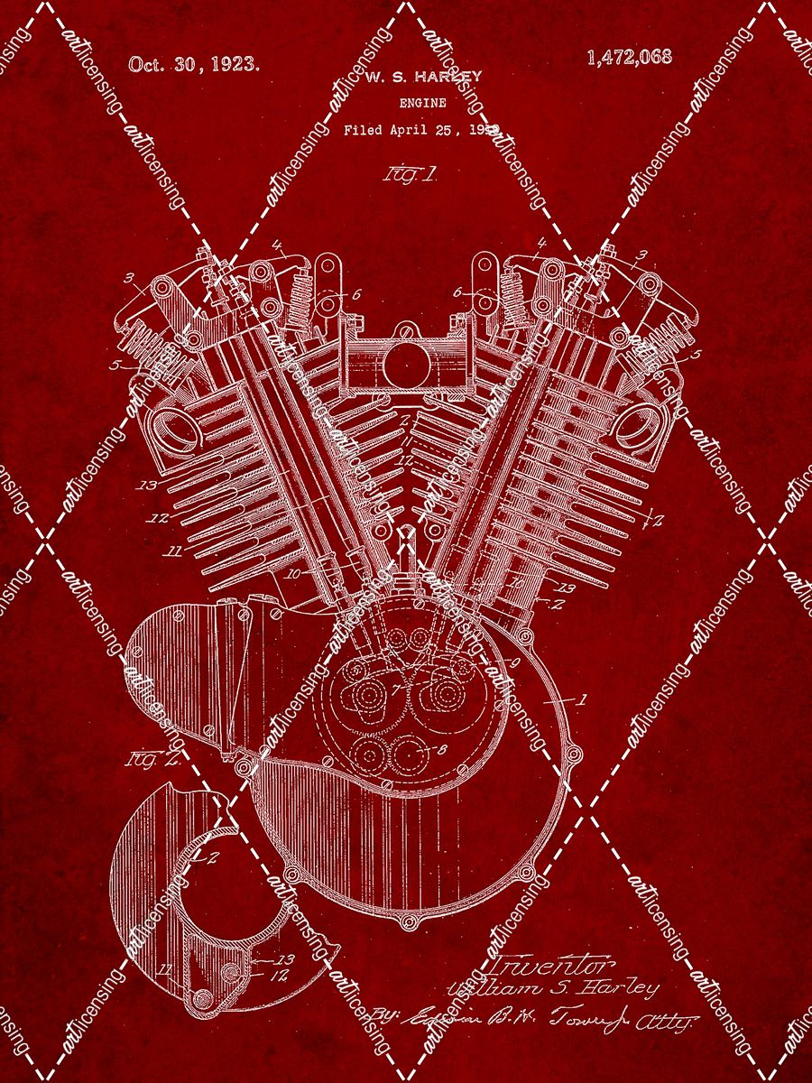 PP24-Burgundy Harley Davidson Engine 1919 Patent Poster