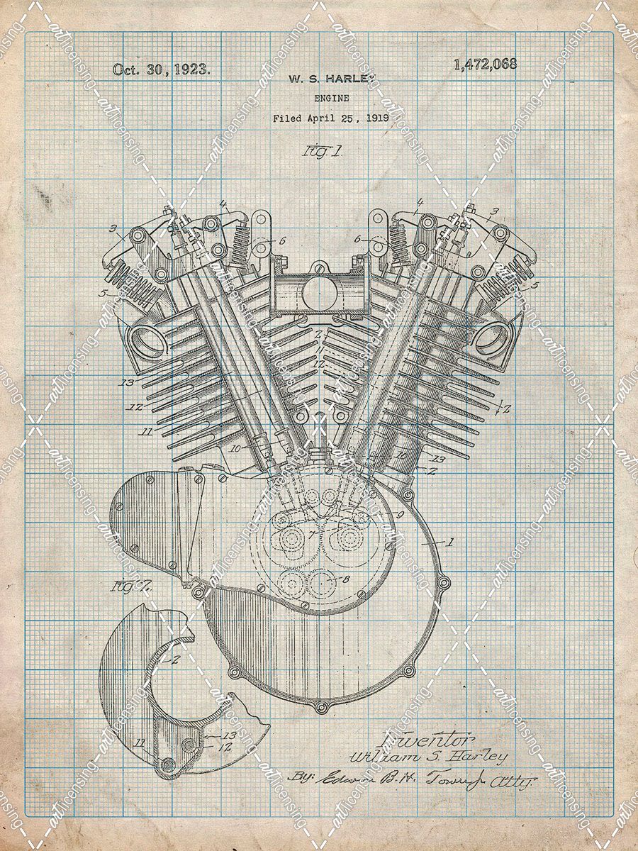 PP24-Antique Grid Parchment Harley Davidson Engine 1919 Patent Poster