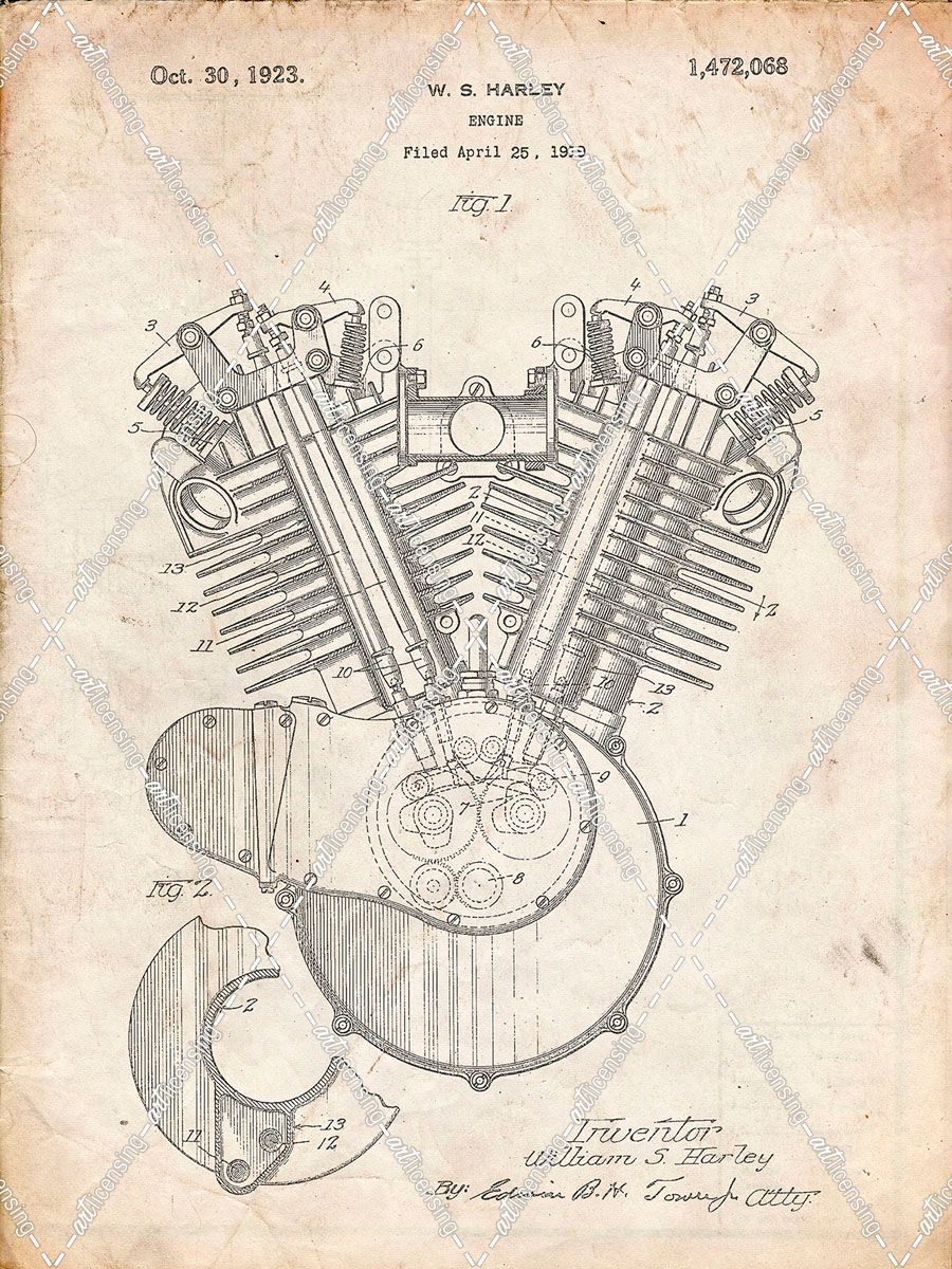 PP24-Vintage Parchment Harley Davidson Engine 1919 Patent Poster