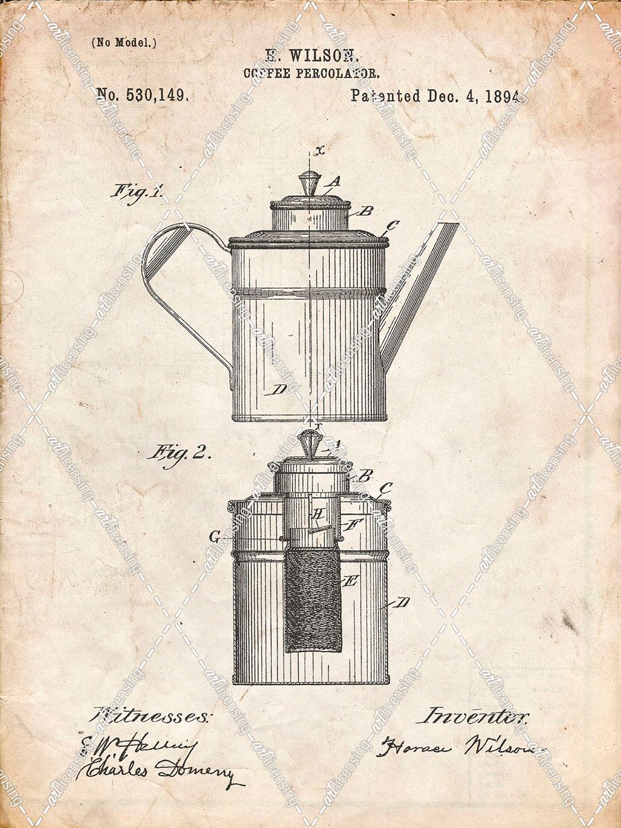 PP27-Vintage Parchment Coffee 2 Part Percolator 1894 Patent Poster