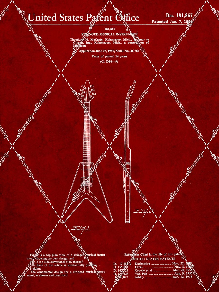 PP48-Burgundy Gibson Flying V Guitar Poster