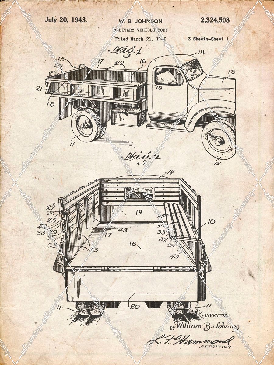 PP59-Vintage Parchment Army Troops Transport Truck Patent Poster