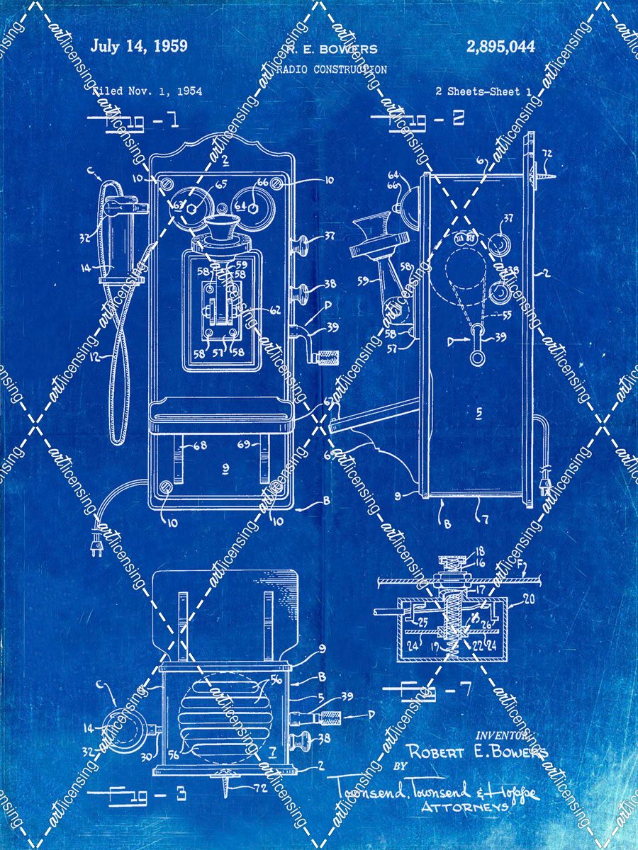 PP65-Faded Blueprint Wall Phone Patent Poster