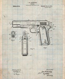 PP76-Antique Grid Parchment Colt 1911 Semi-Automatic Pistol Patent Poster