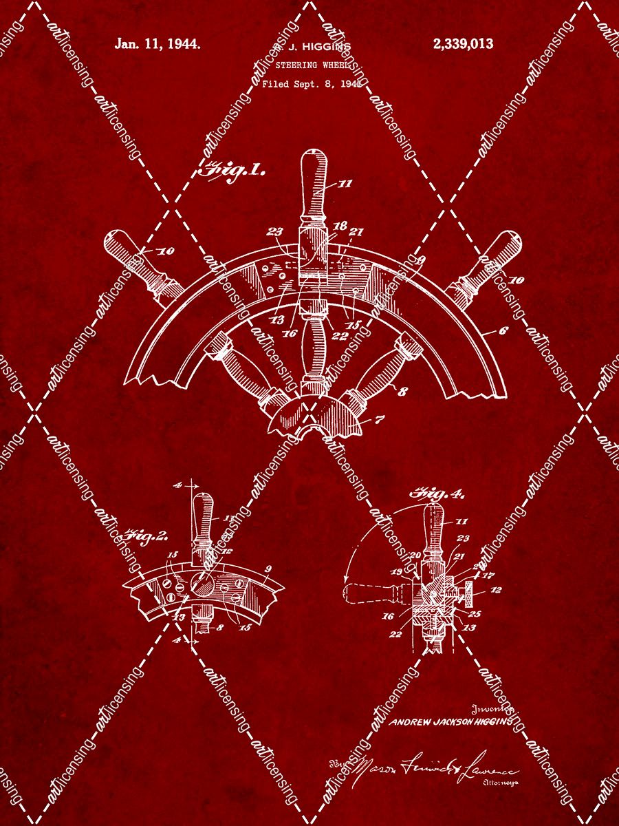 PP228-Burgundy Ship Steering Wheel Patent Poster