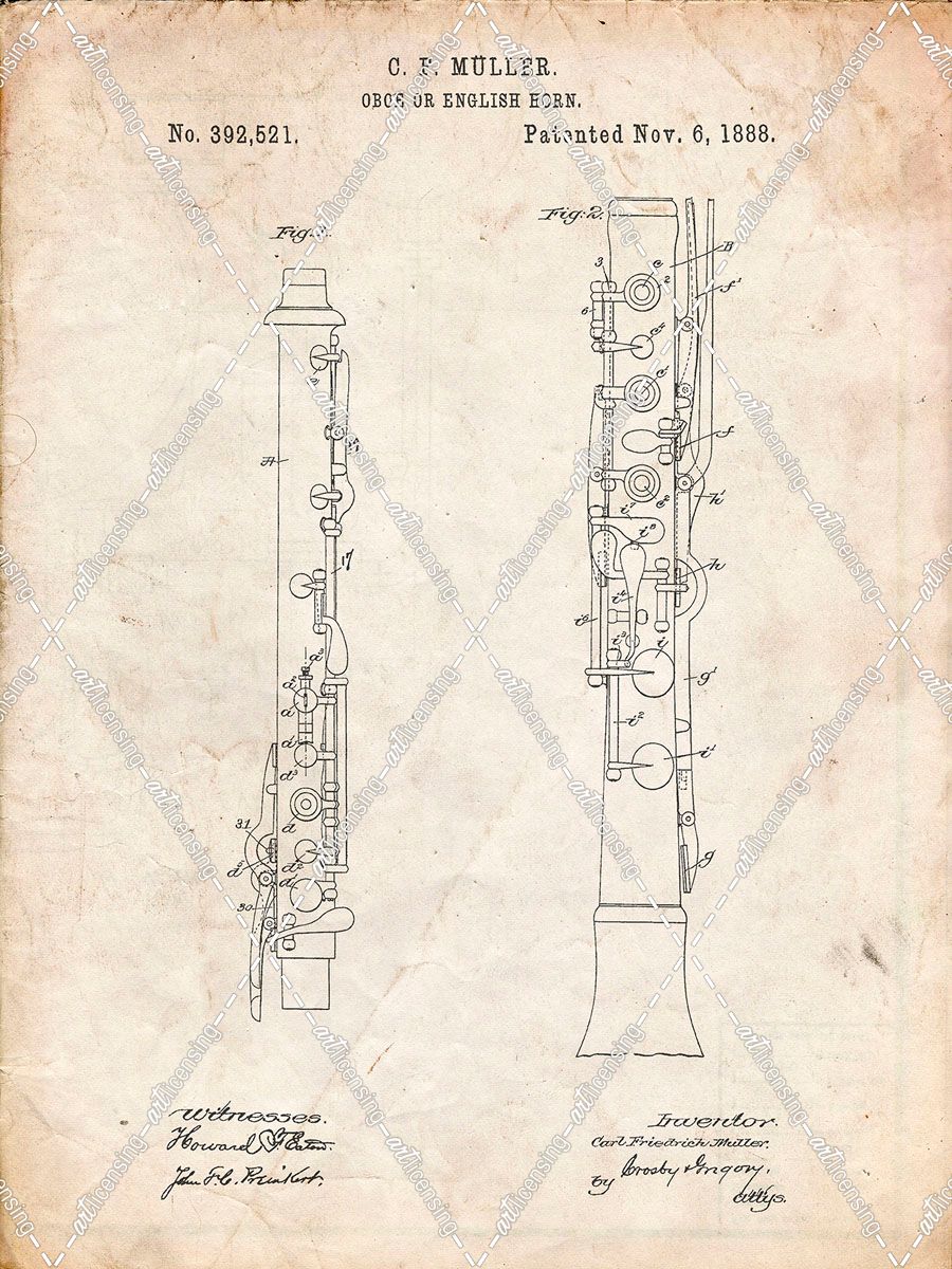 PP247-Vintage Parchment Oboe Patent Poster