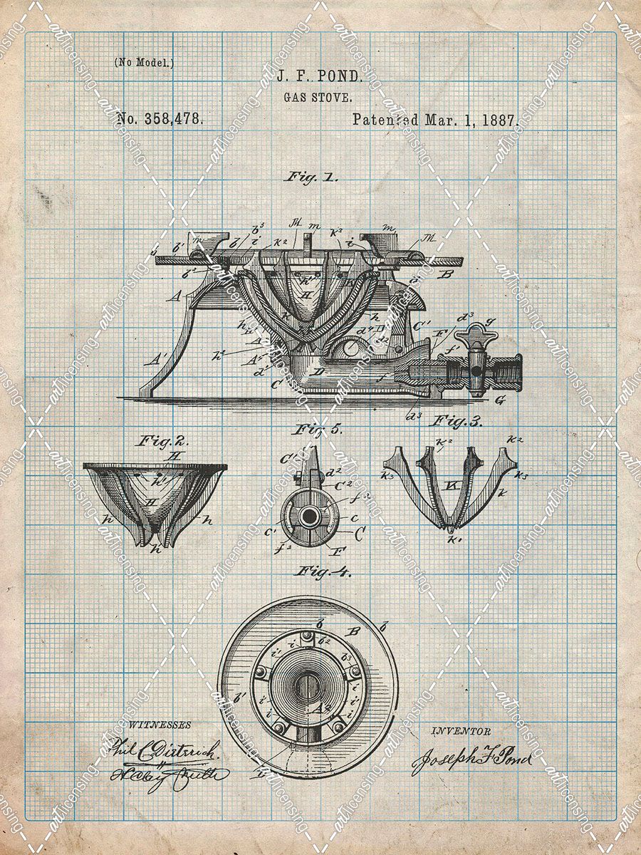 PP274-Antique Grid Parchment Gas Stove Range 1887 Patent Poster