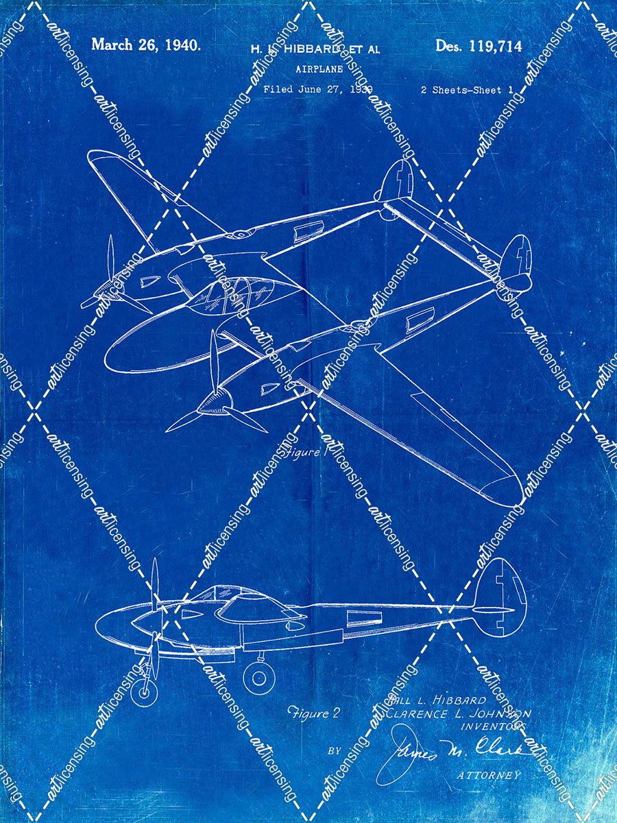 PP277-Faded Blueprint Lockheed P-38 Lightning Patent Poster