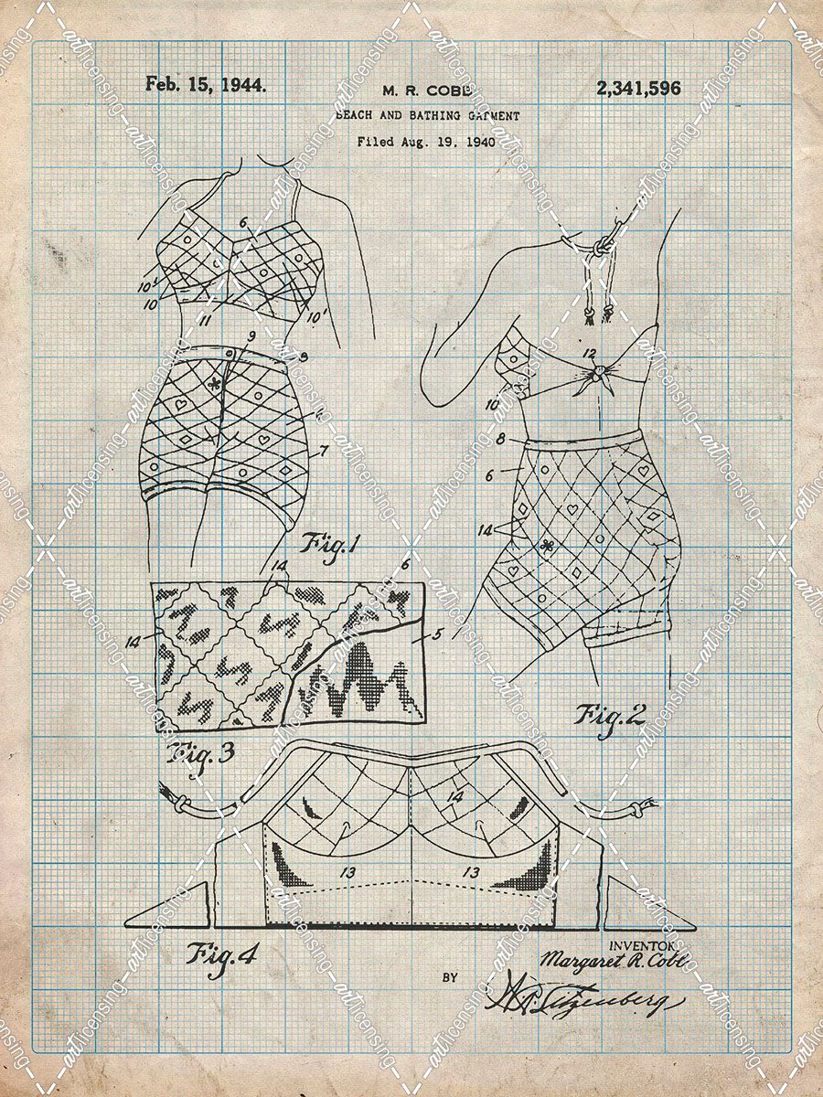 PP325-Antique Grid Parchment Bathing Suit 1940 Poster