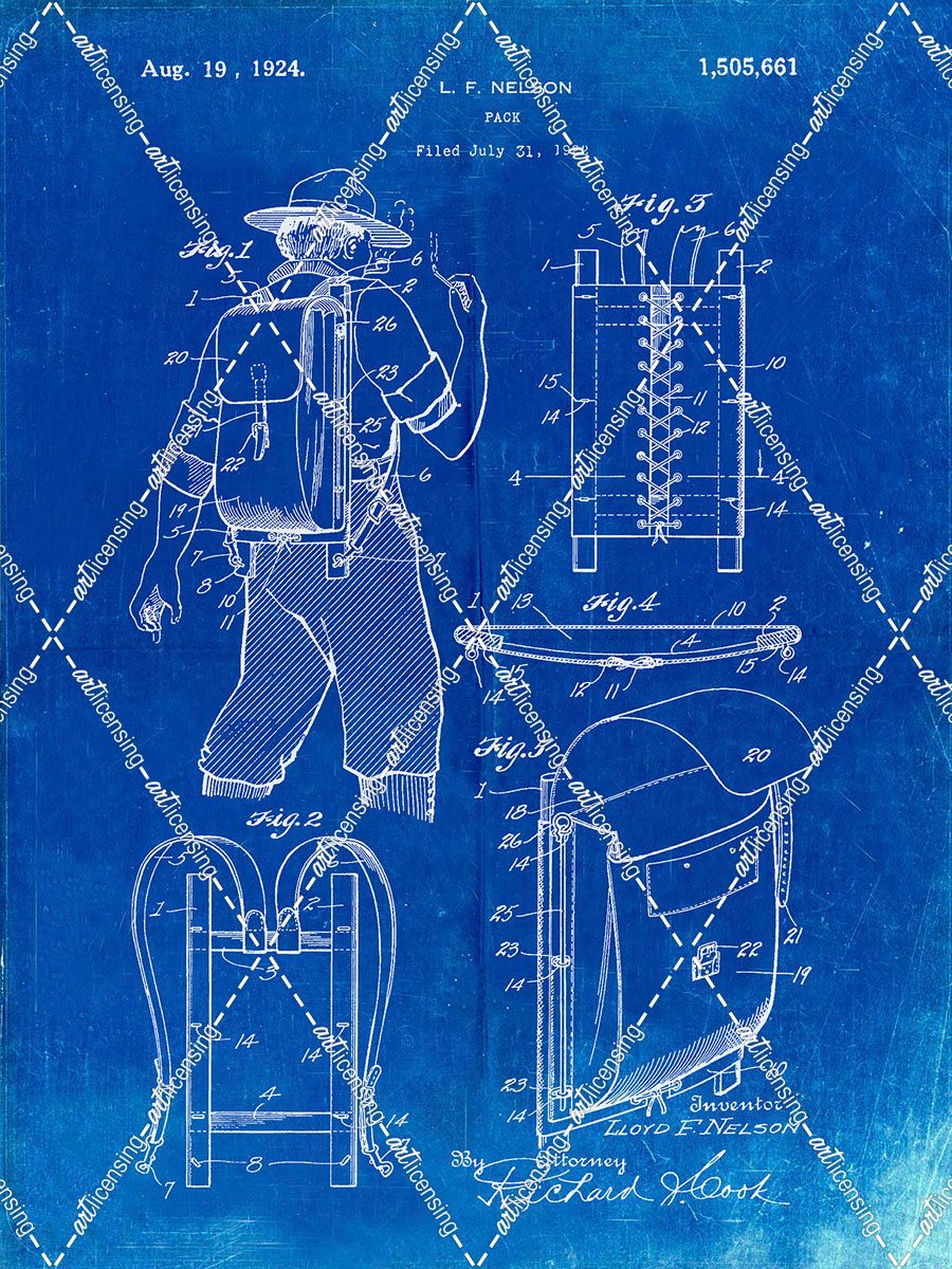 PP342-Faded Blueprint Trapper Nelson Backpack 1924 Patent Poster