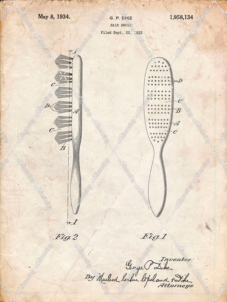 PP352-Vintage Parchment Wooden Hair Brush 1933 Patent Poster