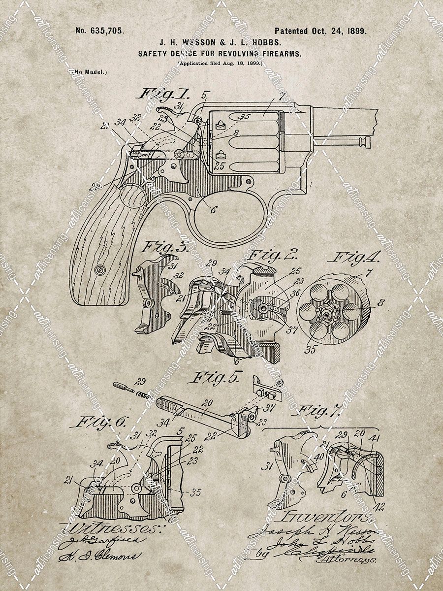 PP375-Sandstone Smith and Wesson Hammerless Pistol 1898 Patent Poster