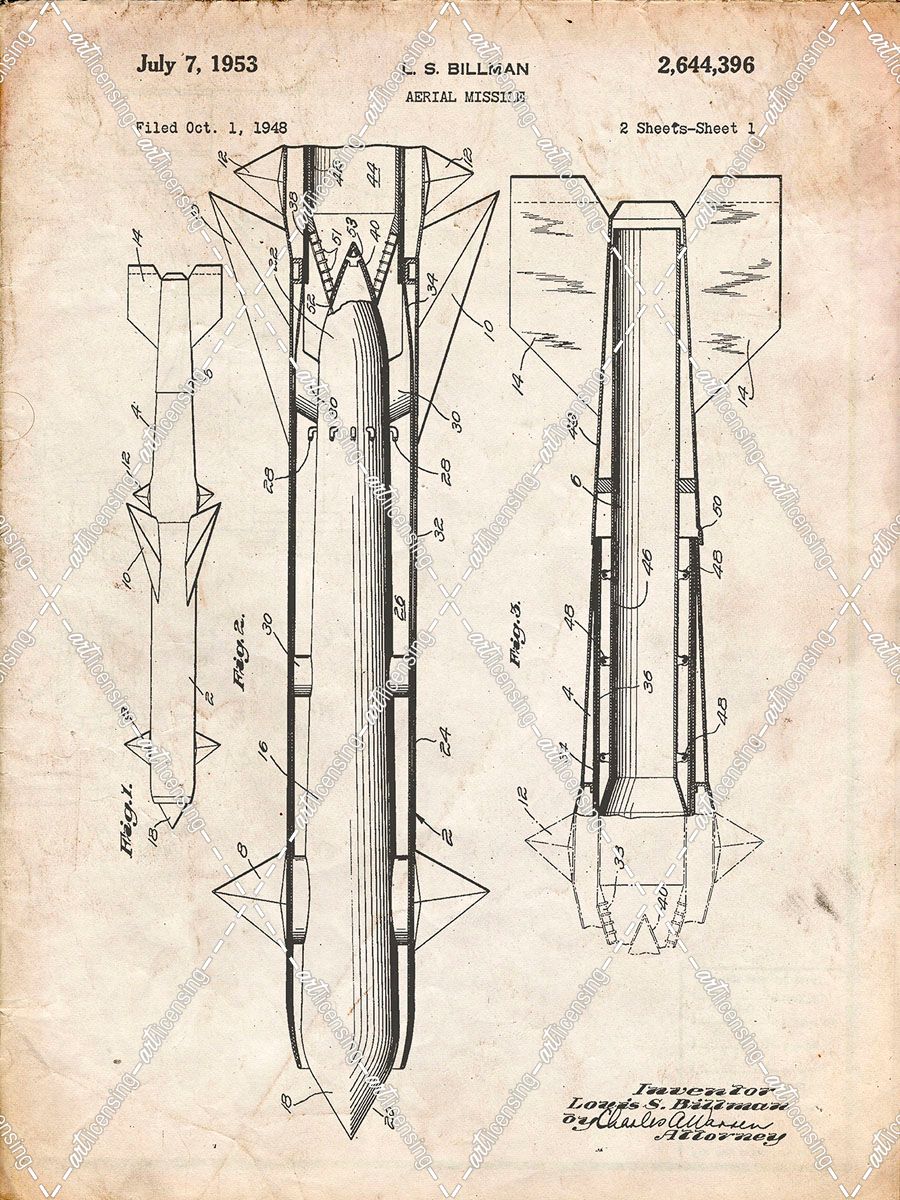 PP384-Vintage Parchment Aerial Missile Patent Poster