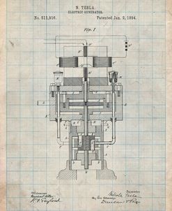 PP463-Antique Grid Parchment Tesla Electric Generator Poster
