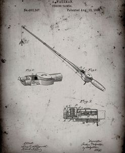 PP490-Faded Grey Fishing Rod and Reel 1884 Patent Poster