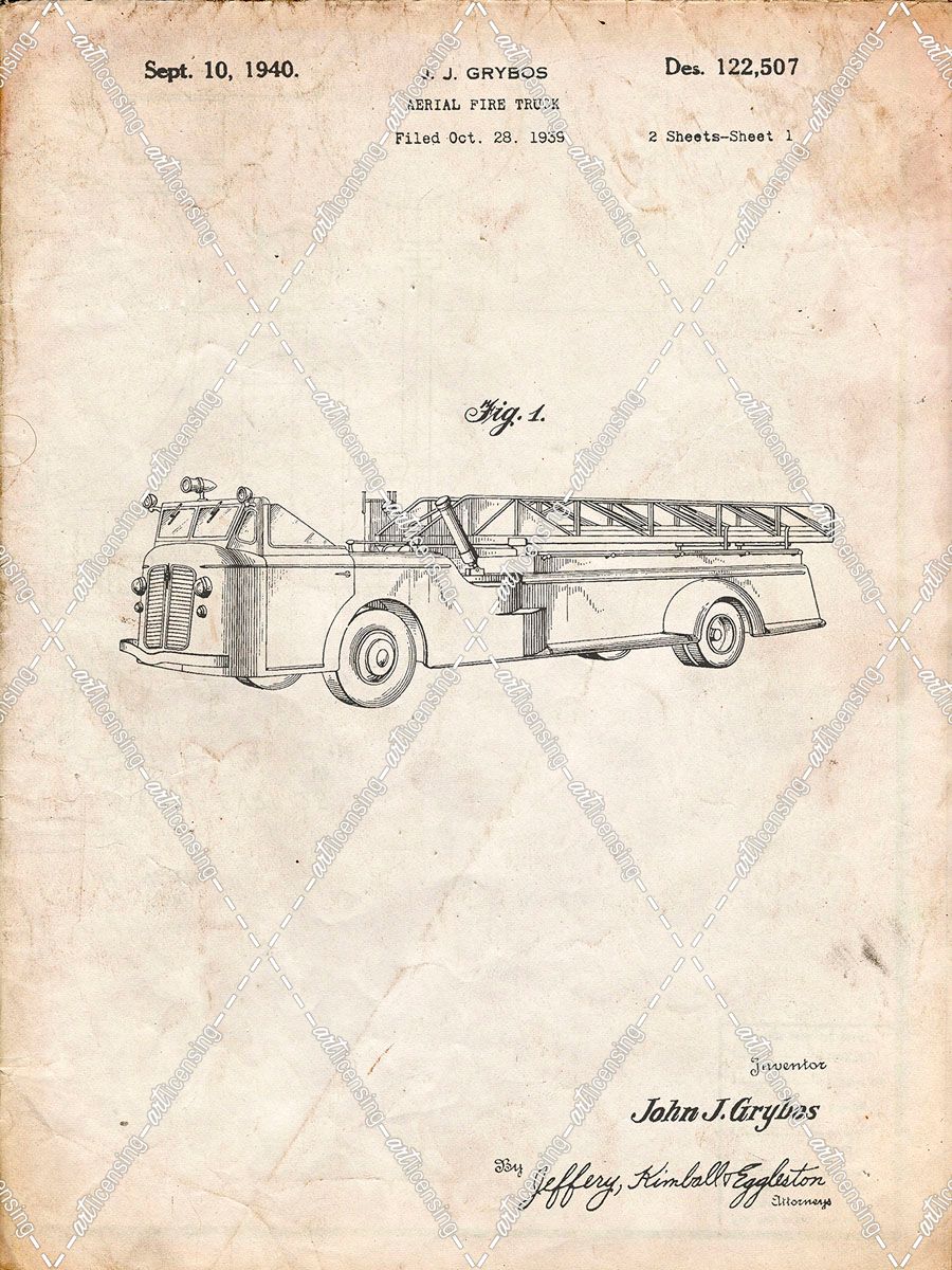 PP506-Vintage Parchment Firetruck 1940 Patent Poster