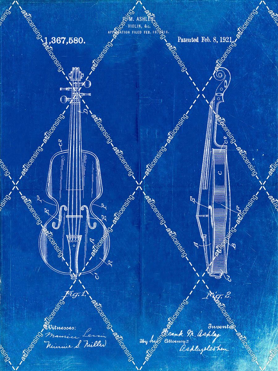 PP853-Faded Blueprint Frank M. Ashley Violin Patent Poster