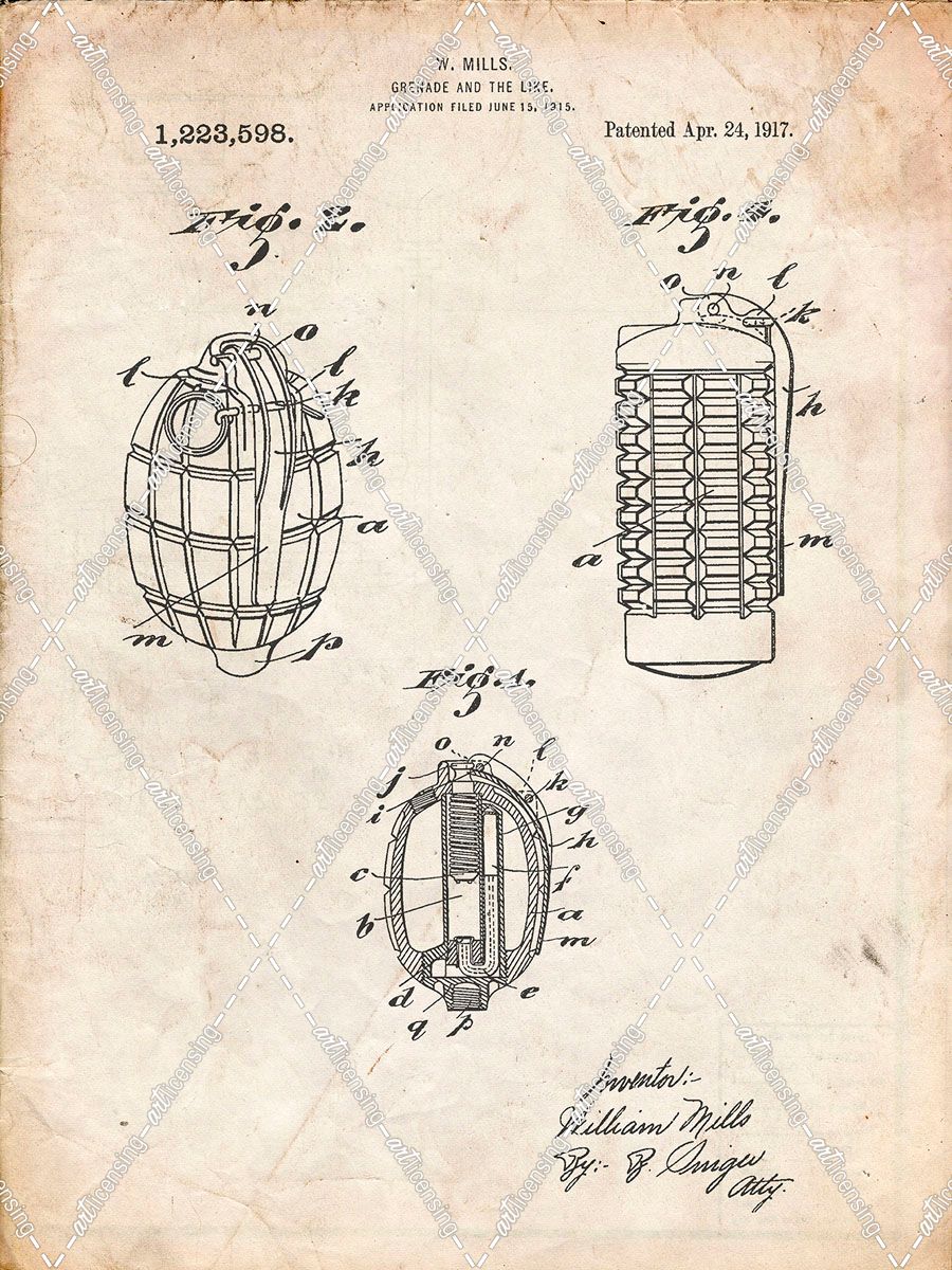PP866-Vintage Parchment Hand Grenade 1915 Patent Poster