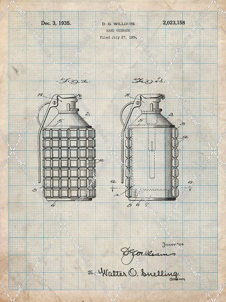 PP867-Antique Grid Parchment Hand Grenade Patent Poster