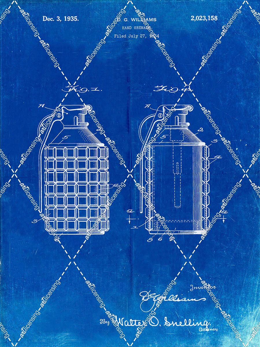 PP867-Faded Blueprint Hand Grenade Patent Poster