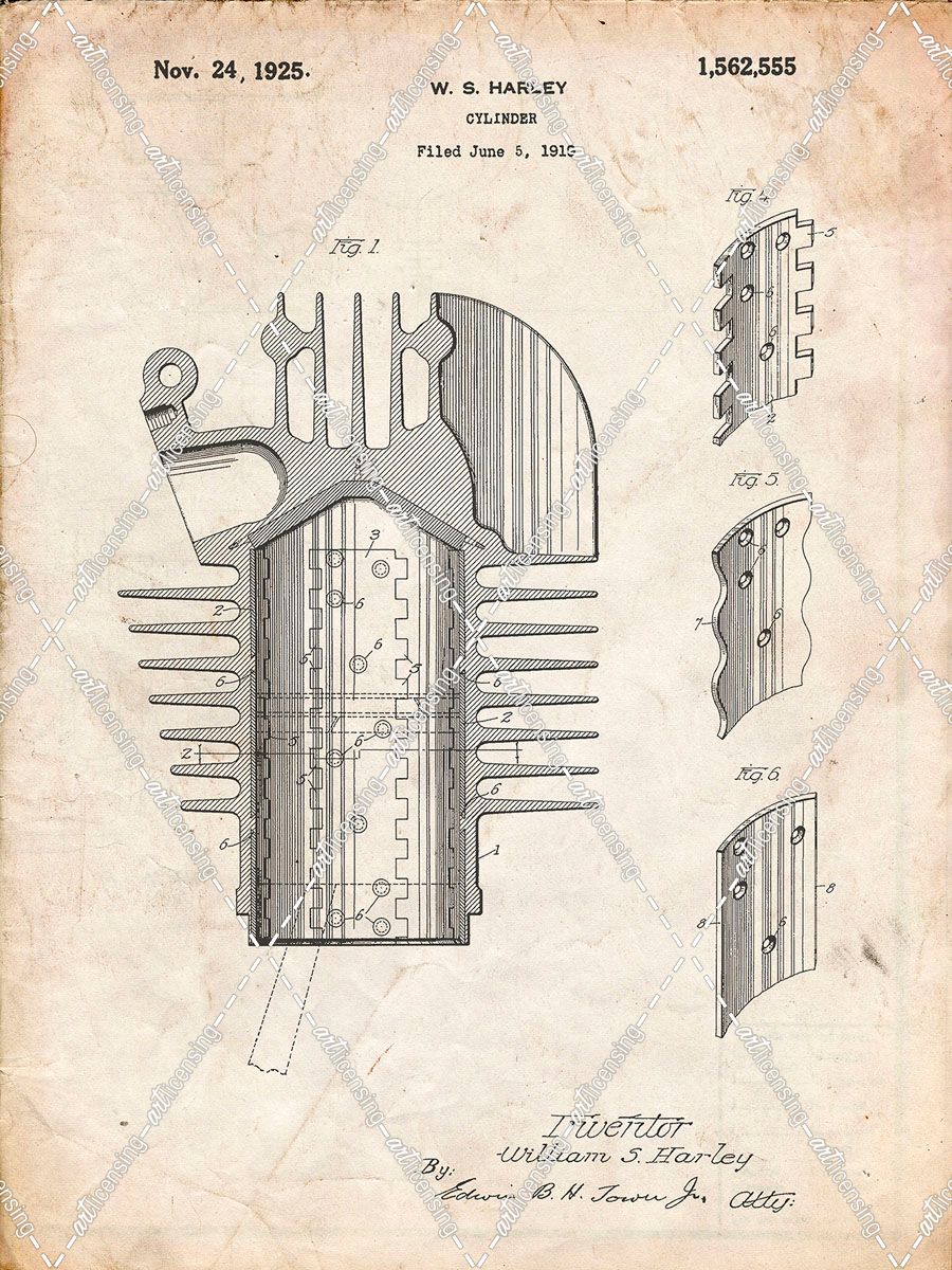 PP869-Vintage Parchment Harley Davidson Cylinder 1919 Patent Poster