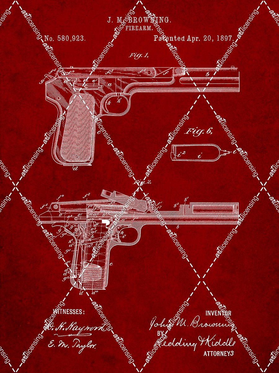 PP894-Burgundy J.M. Browning Pistol Patent Poster