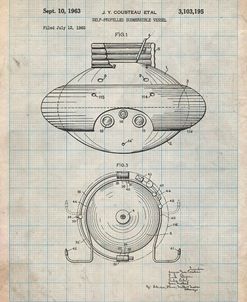 PP898-Antique Grid Parchment Jacques Cousteau Submersible Vessel Patent Poster