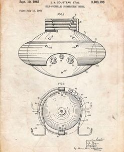 PP898-Vintage Parchment Jacques Cousteau Submersible Vessel Patent Poster