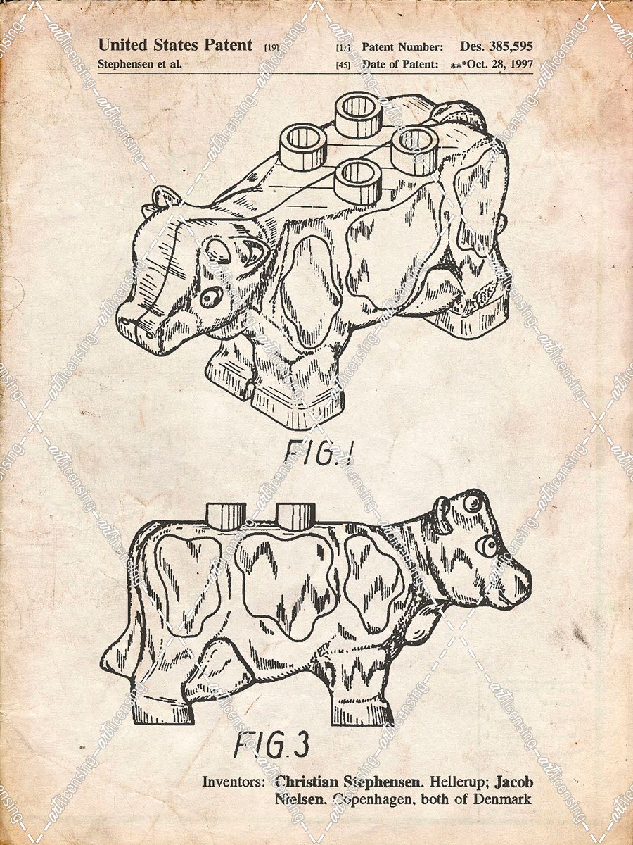 PP921-Vintage Parchment Lego Cow Patent Poster