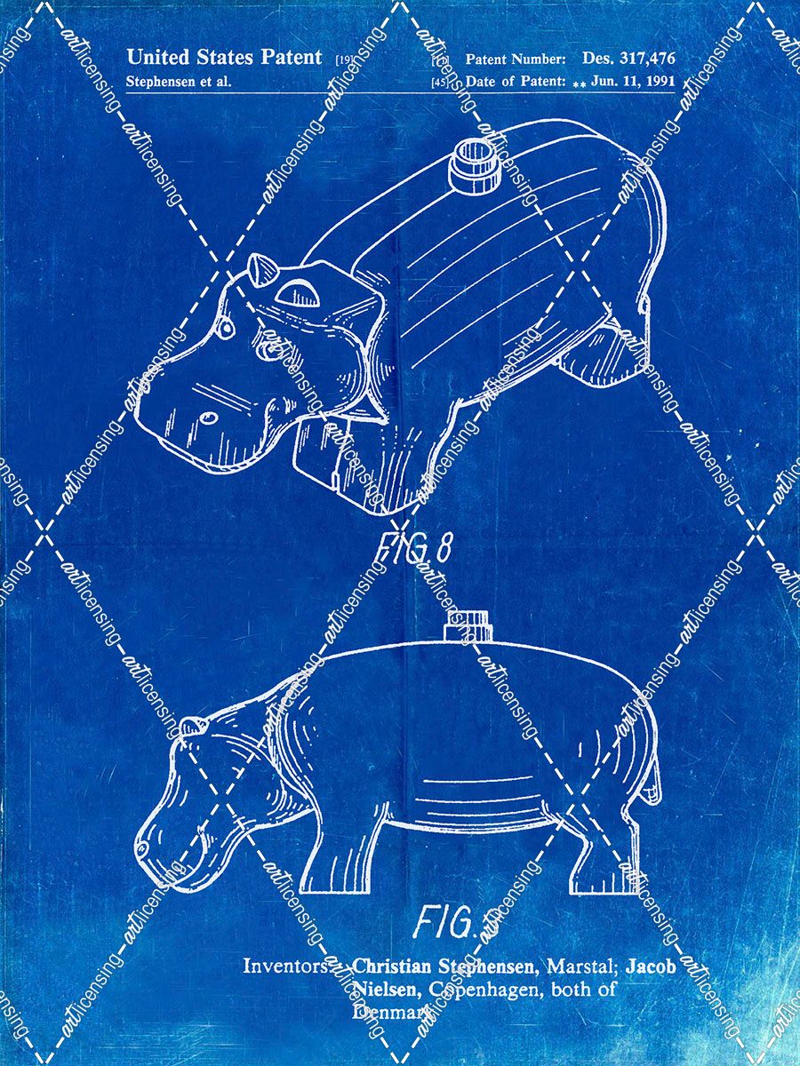 PP930-Faded Blueprint Lego Hippopotamus Patent Poster