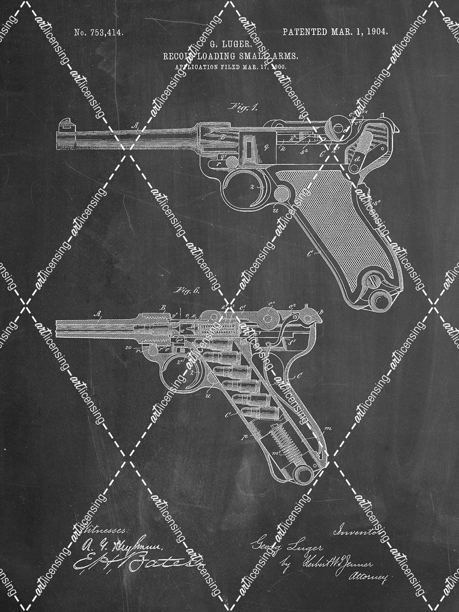 PP947-Chalkboard Luger Pistol Patent Poster