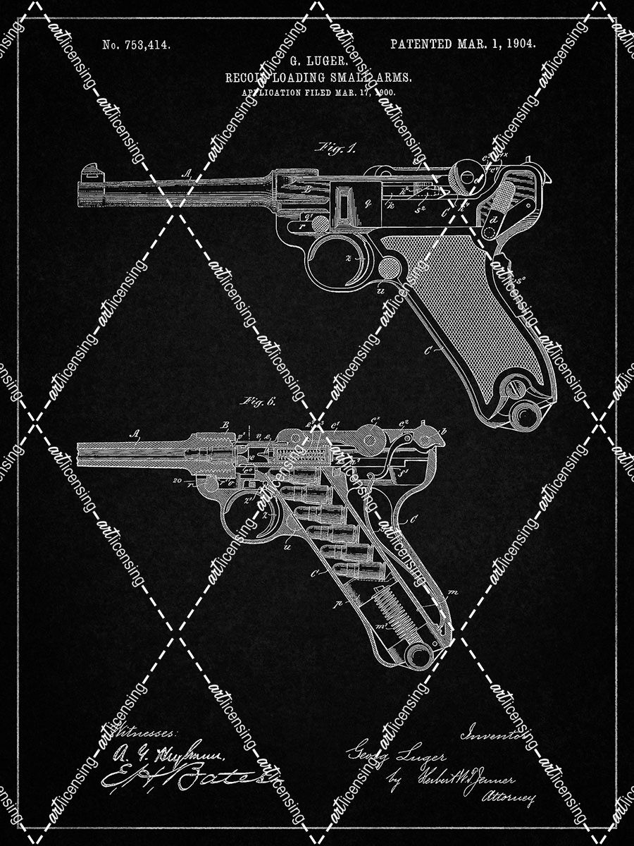 PP947-Vintage Black Luger Pistol Patent Poster