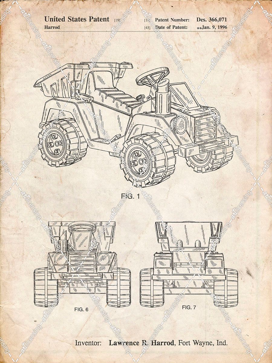 PP951-Vintage Parchment Mattel Kids Dump Truck Patent Poster