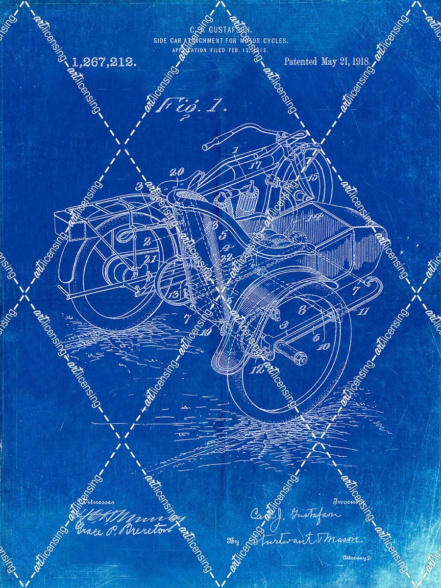 PP963-Faded Blueprint Motorcycle Sidecar 1918 Patent Poster