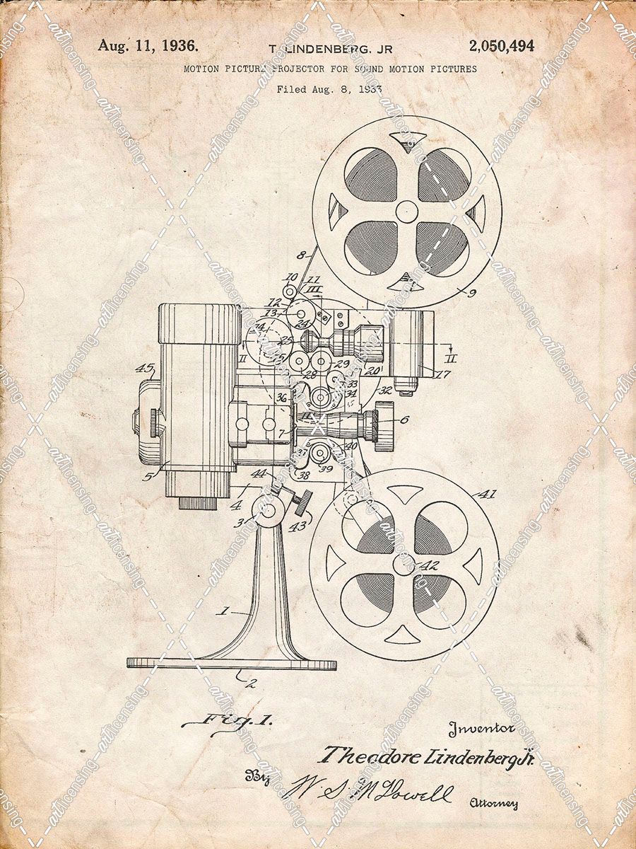 PP966-Vintage Parchment Movie Projector 1933 Patent Poster