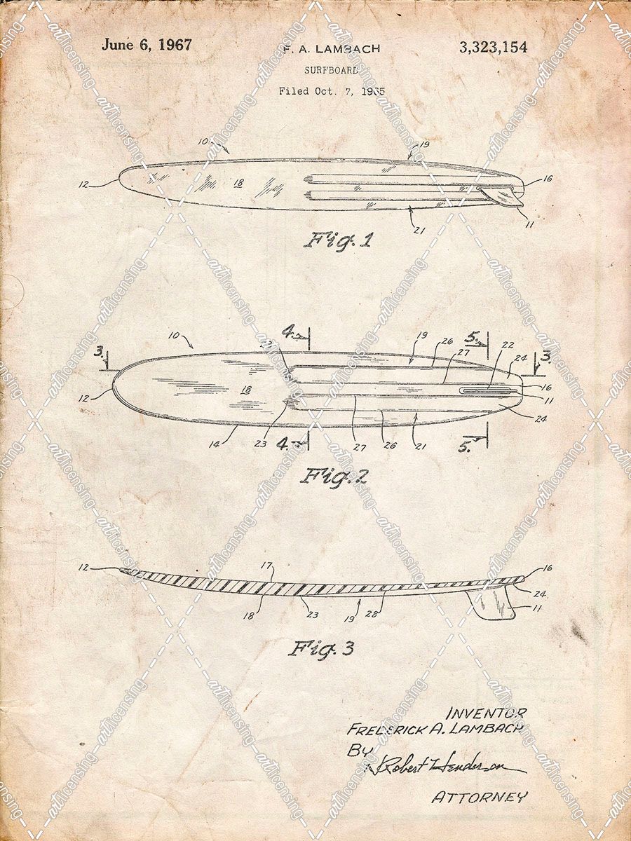 PP1073-Vintage Parchment Surfboard 1965 Patent Poster