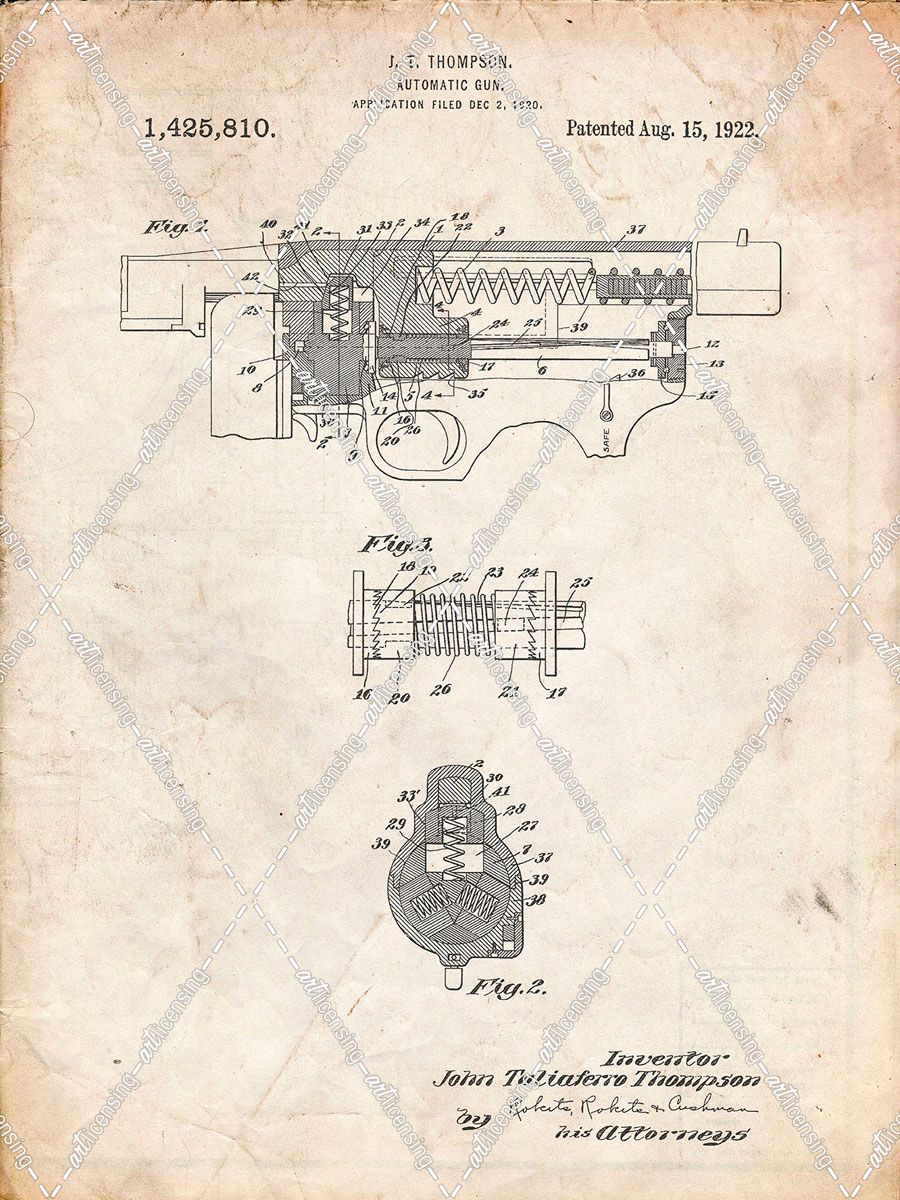 PP1099-Vintage Parchment Thompson Submachine Gun Patent Poster
