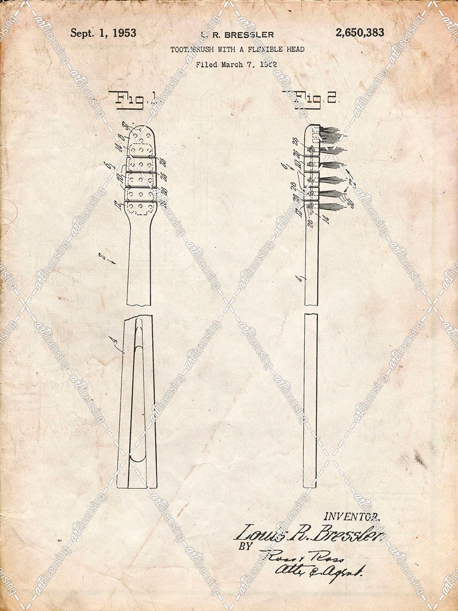 PP1102-Vintage Parchment Toothbrush Flexible Head Patent Poster