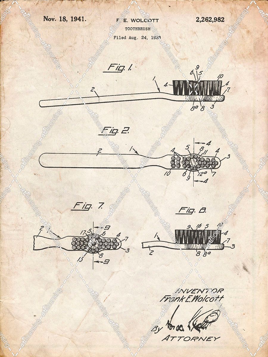 PP1103-Vintage Parchment Toothbrush Flexible Head Patent Poster