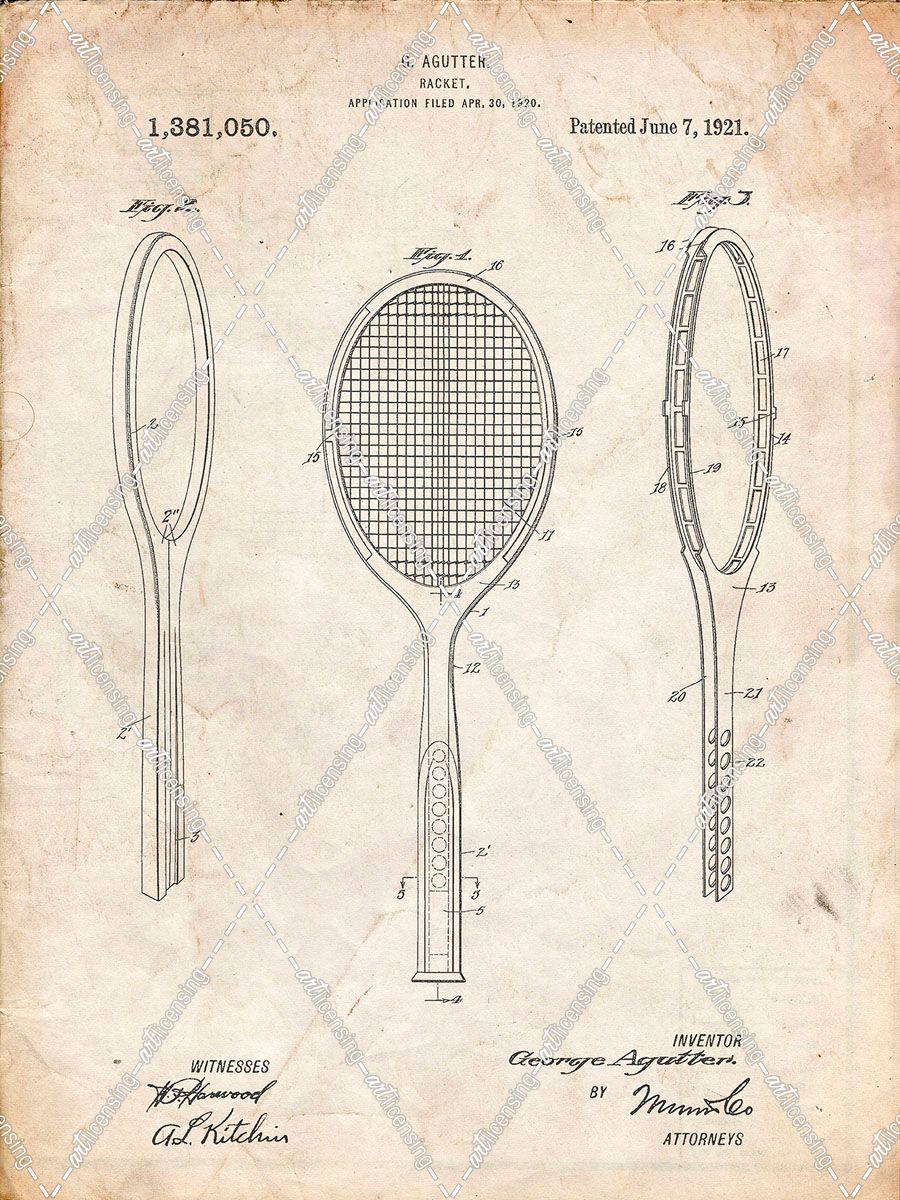 PP1128-Vintage Parchment Vintage Tennis Racket Patent Poster