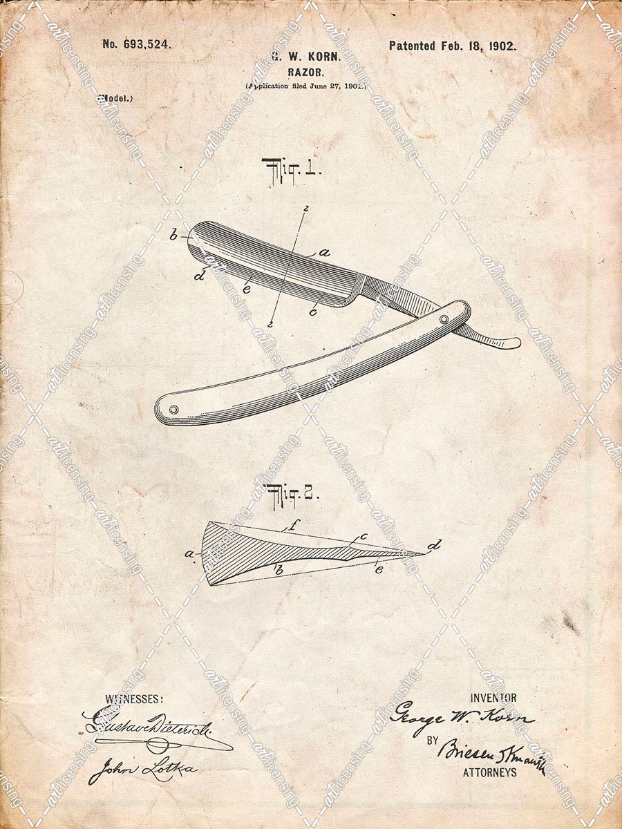 PP1178-Vintage Parchment Straight Razor Patent Poster