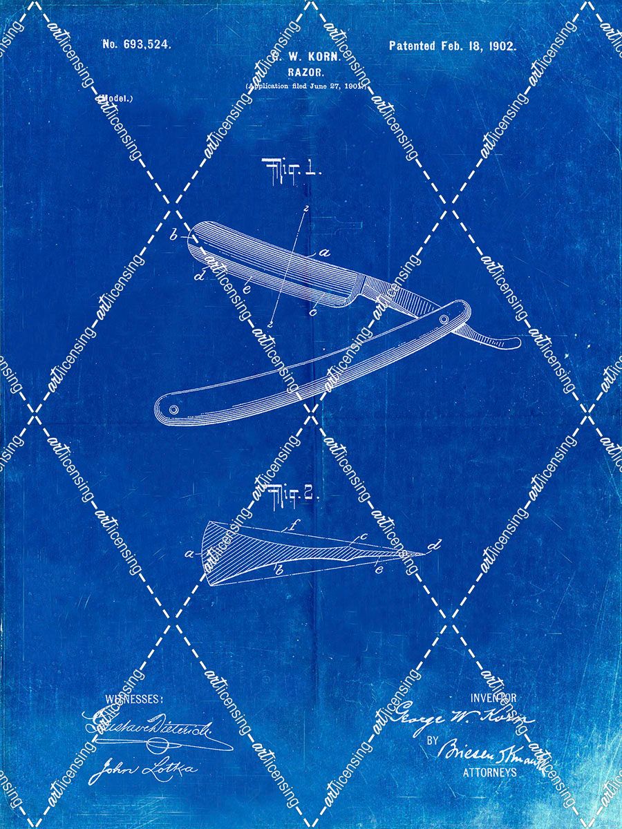 PP1178-Faded Blueprint Straight Razor Patent Poster