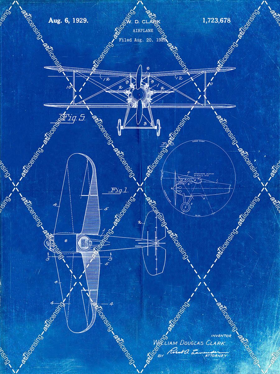 PP68-Faded Blueprint Staggered Biplane Aircraft Patent Poster