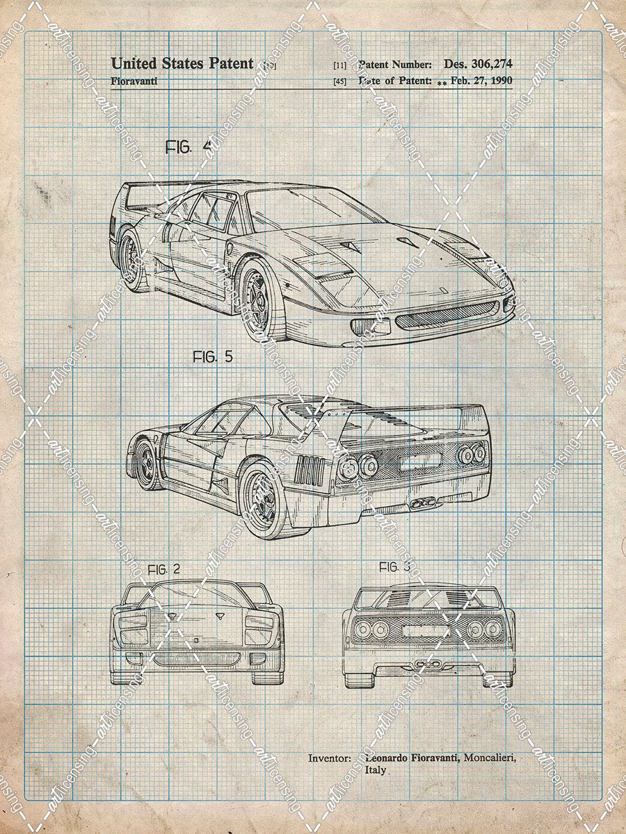 PP108-Antique Grid Parchment Ferrari 1990 F40 Patent Poster