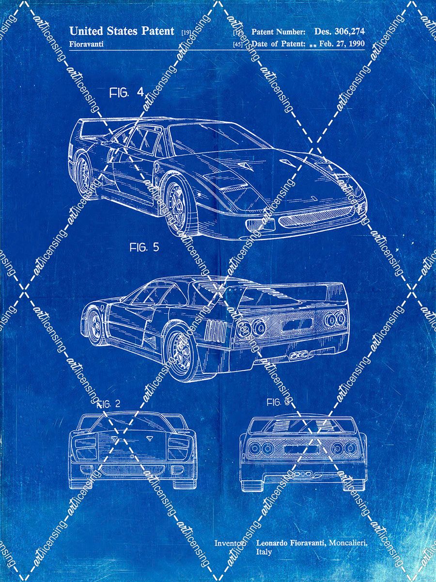 PP108-Faded Blueprint Ferrari 1990 F40 Patent Poster