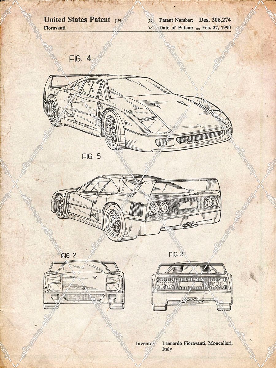 PP108-Vintage Parchment Ferrari 1990 F40 Patent Poster