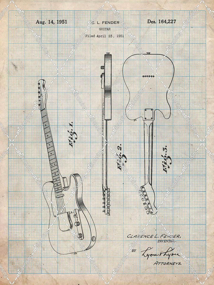 PP121- Antique Grid Parchment Fender Broadcaster Electric Guitar Patent Poster
